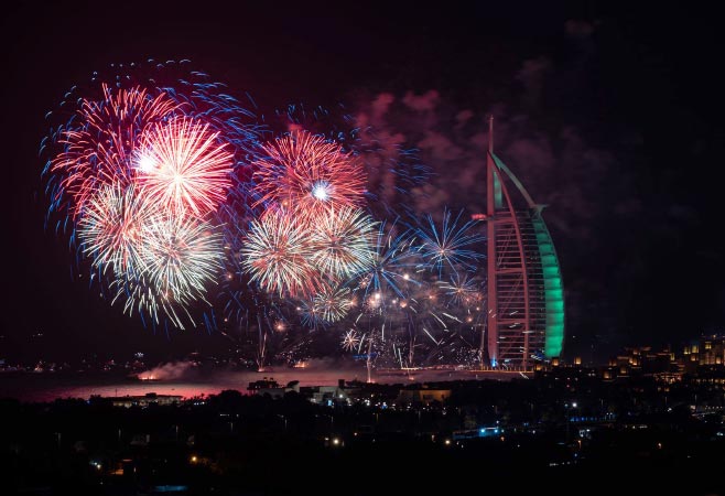 New Year in Dubai celebration with fireworks, entertainment and festive city views