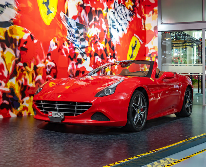 A picture of a red Ferrari California T at the gift shop of the Ferrari World Yas Island, Abu Dhabi