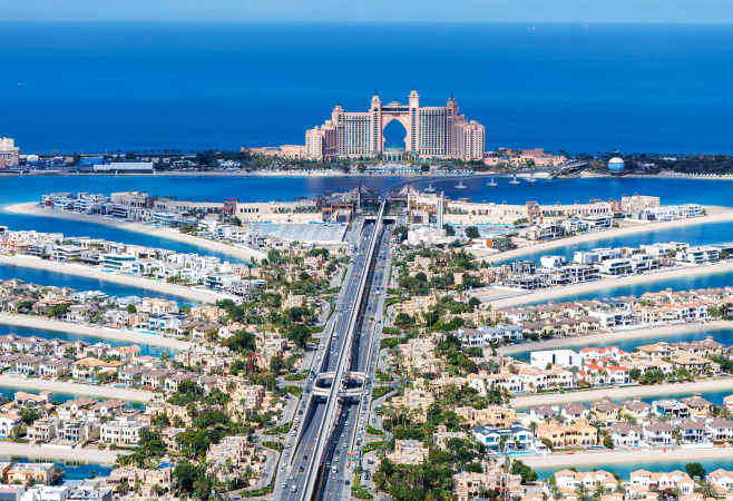Dubai The Palm Jumeirah with Atlantis Hotel artificial island from above luxury