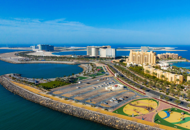 Luxury hotel aerial view drone shot in Al Marjan Island, UAE Luxury hotel aerial view drone shot in Al Marjan Island, UAE