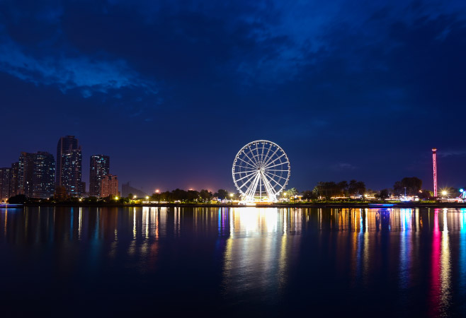 Panoramic view of the sky scrapers of Sharjah, UAE