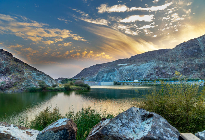 Wadi Showka dam during sunset from Ras Al Khaimah Wadi Showka dam during sunset from Ras Al Khaimah